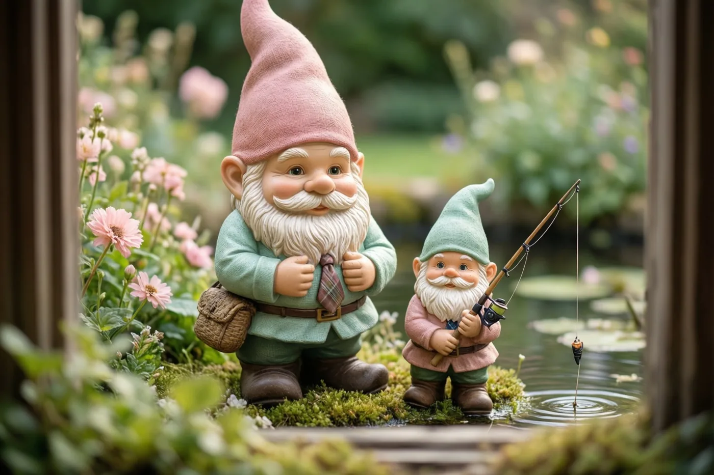 Een grote en een kleine tuinkabouter met dassen en visuitrusting staan bij een tuinvijver, omlijst door een raamachtige rand in zachte roze en groene tinten.