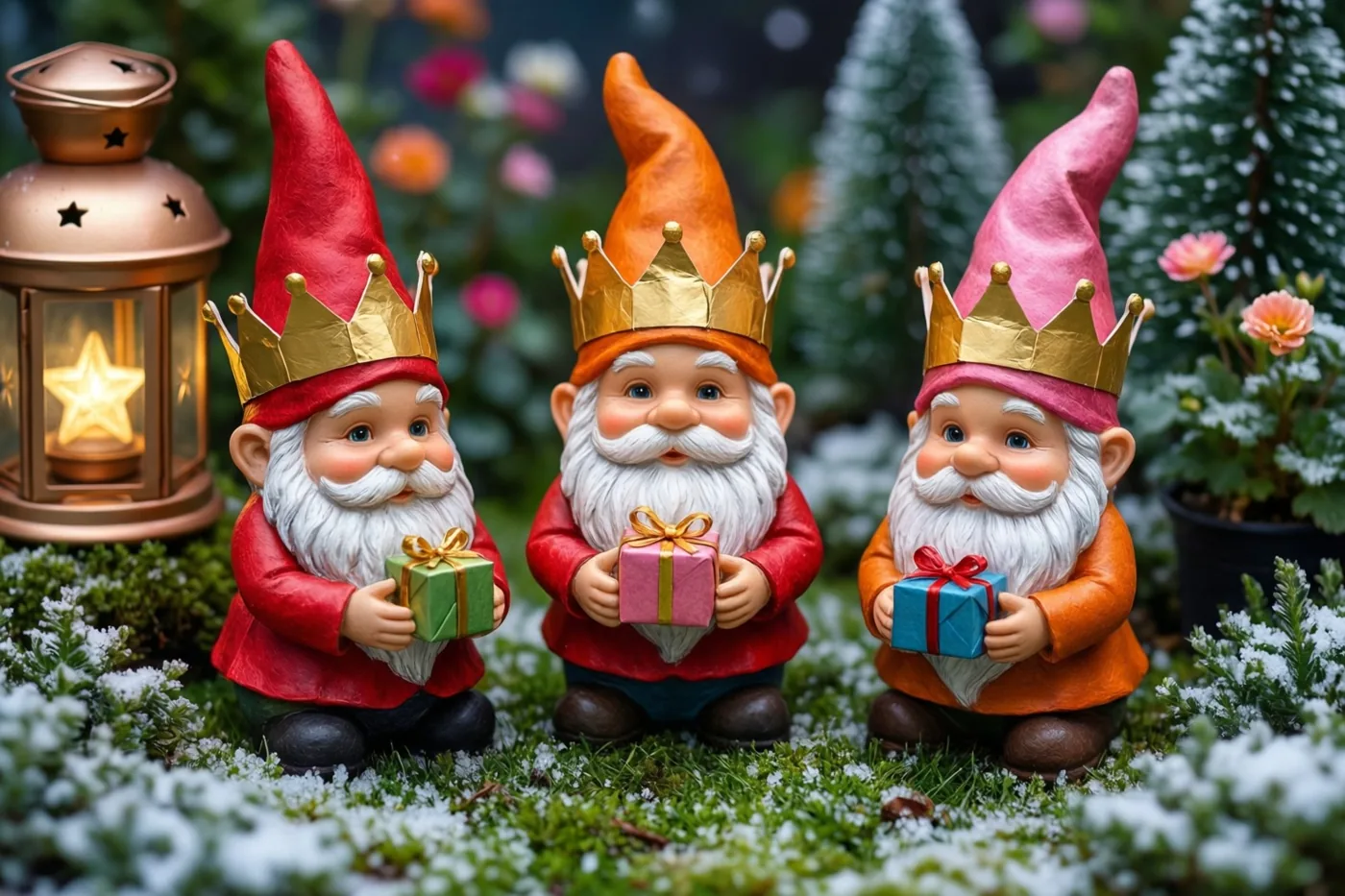 Drie tuinkabouters met goudkleurige papieren kronen en kleine ingepakte cadeautjes staan in een besneeuwde tuin bij een gloeiende sterlantaarn, met groene en licht besneeuwde planten achter hen.