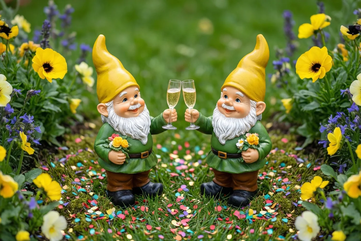 Twee tuinkabouterbeeldjes heffen champagneglazen in een bloemperk met gele en paarse bloemen, omringd door kleurrijke confetti.