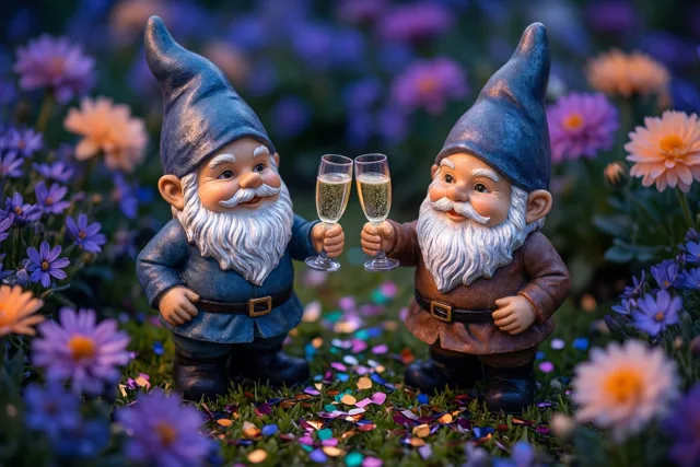Twee tuinkabouterbeeldjes klinken met champagneglazen in een bloemperk vol kleurrijke confetti, met paarse en oranje bloemen op de achtergrond.