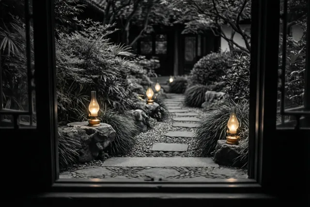Door een raam is een stenen tuinpad met brandende olielampjes op rotsen te zien in een monochroom nachtbeeld waarin alleen het warme lamplicht kleur geeft.