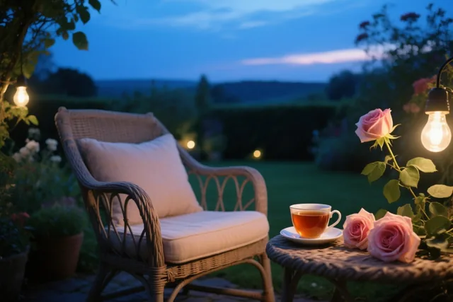 In een tuin bij schemering staat een rieten tuinstoel met een kussen naast een tafeltje met thee en roze rozen, onder een lichtsnoer en een blauwe avondlucht.