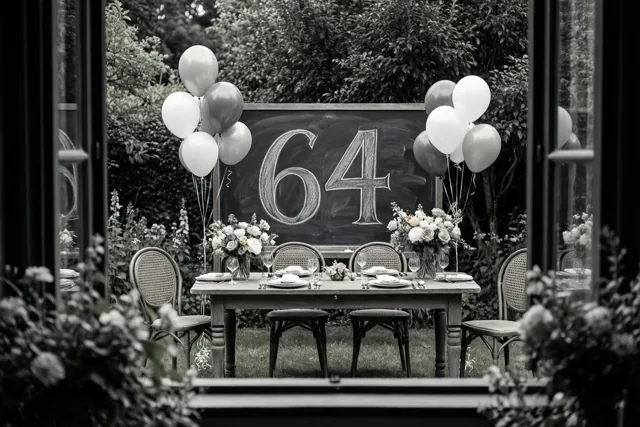 Een zwart-witfoto toont door een raam een gedekte tuintafel met een krijtbord waarop 64 staat, bloemen en ballonnen.