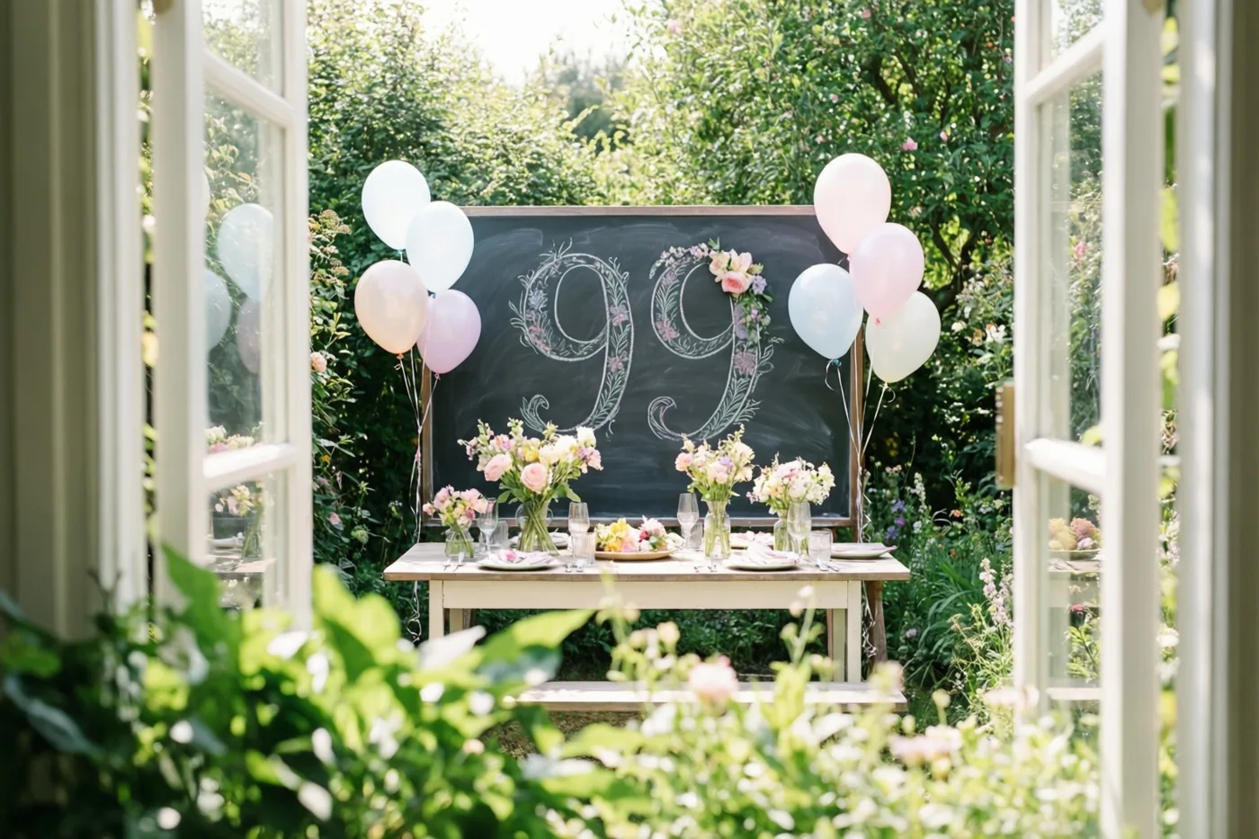 Door een open raam is een feestelijk gedekte tuintafel te zien met een krijtbord waarop 99 staat, bloemversieringen, ballonnen en groen rondom.