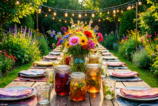 Een lange houten tuintafel met borden, kleurrijke servetten, potten met drank en een bloemstuk staat onder lichtslingers tussen groen en wilde bloemen in gouden zonlicht.