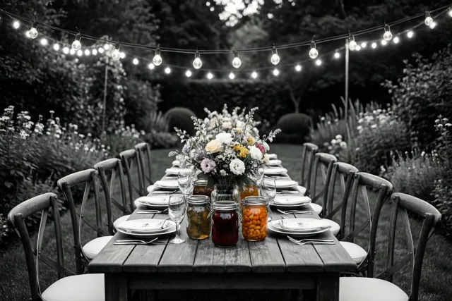 Een lange gedekte houten tuintafel onder lichtslingers is in zwart-wit afgebeeld, behalve het kleurrijke bloemstuk en de potten met ingemaakte producten.