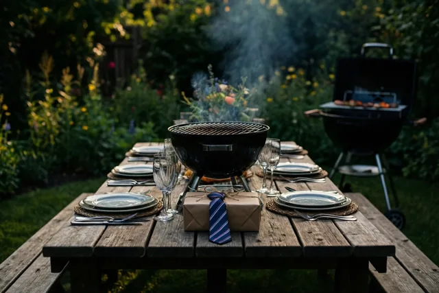 Een lange houten tafel met borden en glazen staat tussen het groen bij een rokende zwarte barbecue, met een cadeau in bruin papier en een blauw-witgestreepte das als label.