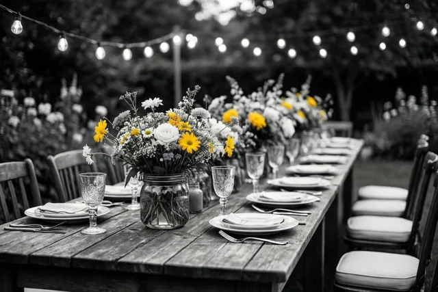 Een lange houten tuintafel met borden, glazen en bloemen in glazen potten staat onder lichtslingers, met gele en witte bloemen in kleur tegen een zwart-witte omgeving.