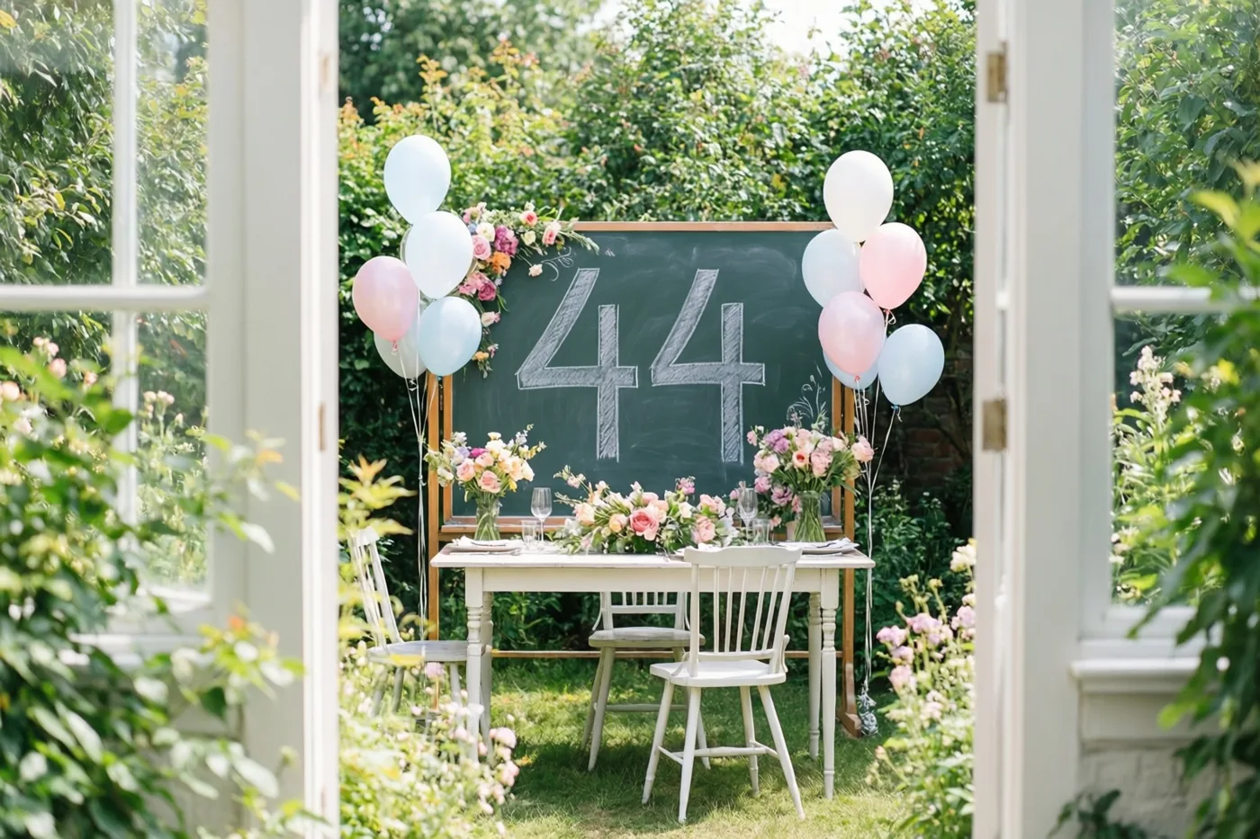 Door een open raam is een feestelijke tuintafel te zien met een krijtbord met 44, bloemen en ballonnen, met weelderig groen op de achtergrond.