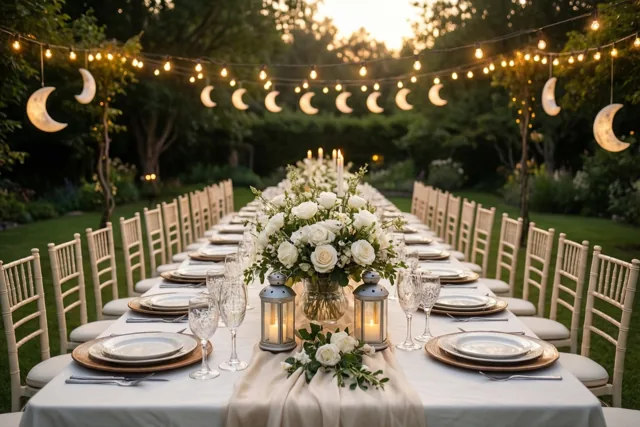 Een lange tafel in een tuin is versierd met witte rozen, lantaarns en lichtslingers in de vorm van maansikkels, met groene bomen in het laatste daglicht op de achtergrond.