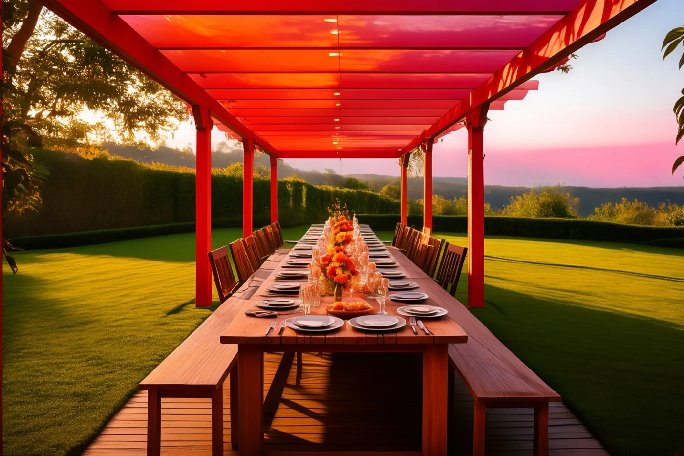 Een lange houten eettafel staat gedekt onder een rode pergola in een groene tuin, met warm avondlicht en roze en oranje tinten in de lucht.