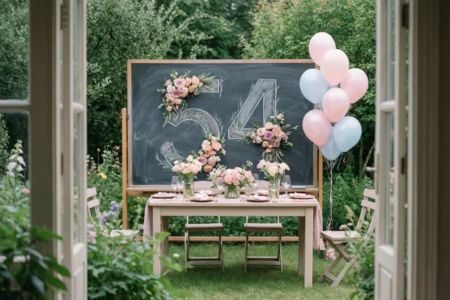 Door open deuren is een feestelijke tuintafel te zien met een met bloemen versierd krijtbord met 54, omringd door groen en roze en blauwe ballonnen.