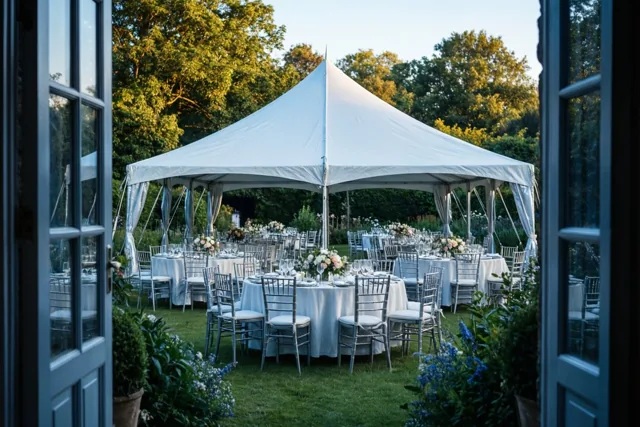 Door een open deur is een witte tent in een tuin te zien, met ronde tafels, witte tafelkleden en bloemstukken in zacht goudkleurig licht.
