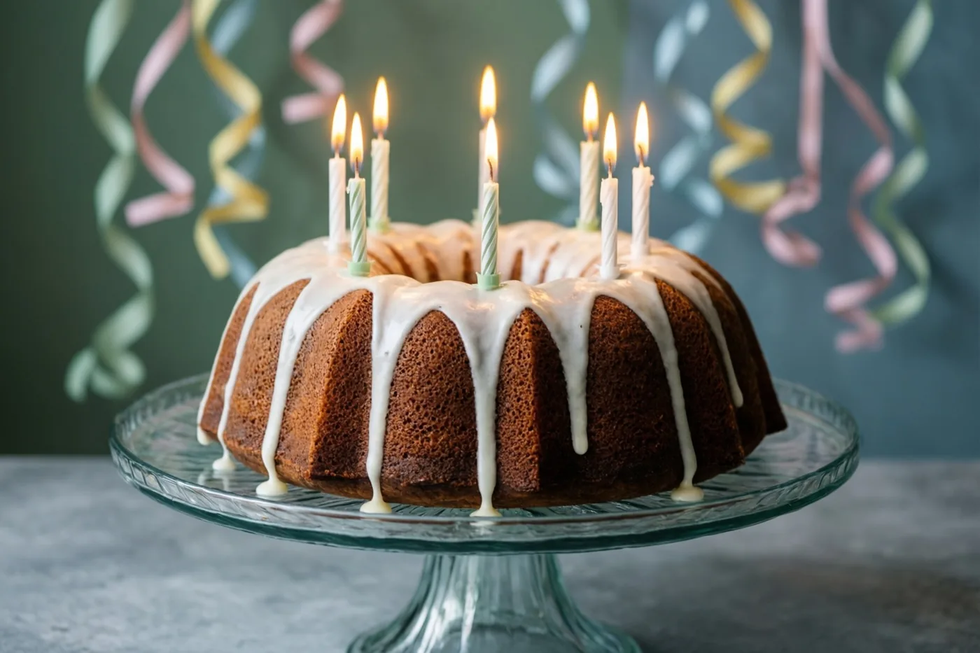 Een tulbandcake met afdruipend wit glazuur en brandende kaarsen staat op een glazen taartstandaard voor kleurrijke papieren slingers tegen een gedempte groene muur.