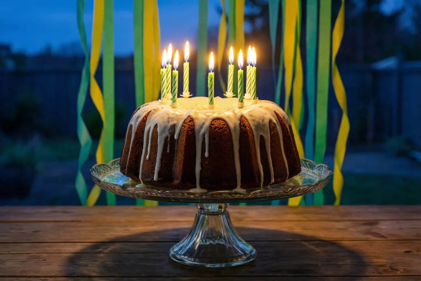 Een tulbandcake met wit glazuur en brandende groen-wit gestreepte kaarsen staat op een glazen taartstandaard op een houten tafel, met groene en gele papieren slingers tegen een donkerblauwe schemerlucht.
