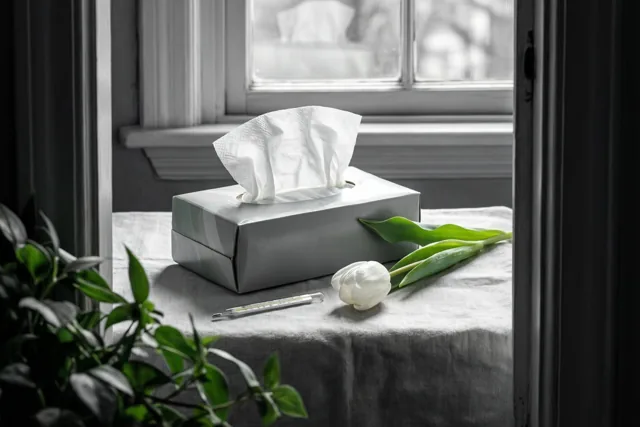 Een doos papieren zakdoekjes, een thermometer en een witte tulp zijn geschikt op licht linnen bij een raam in een monochroom beeld met zacht daglicht.