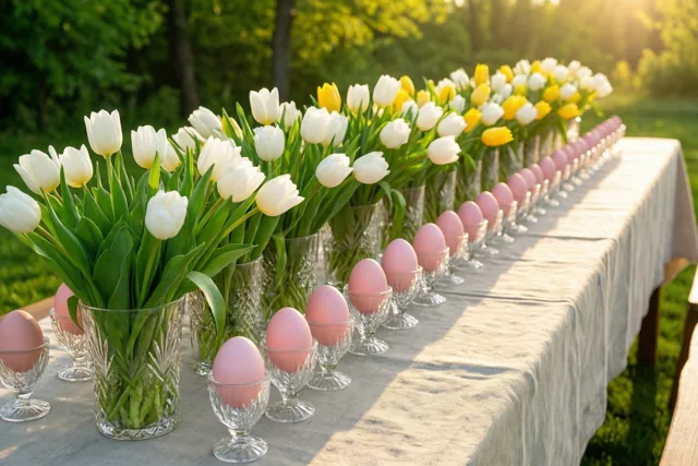 Een lange tafel met een linnen kleed, rijen witte tulpen in kristallen vazen en zachtroze eieren in kristallen eierdopjes staat in warm zonlicht in een groene tuin.