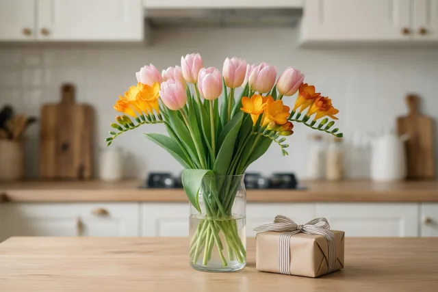 Bloemen en een pakje voor mama
