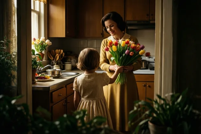 Een kind in een gestreept kleedje geeft een boeket tulpen aan de moeder in een zonnige keuken uit de jaren zestig met houten kasten en potplanten.