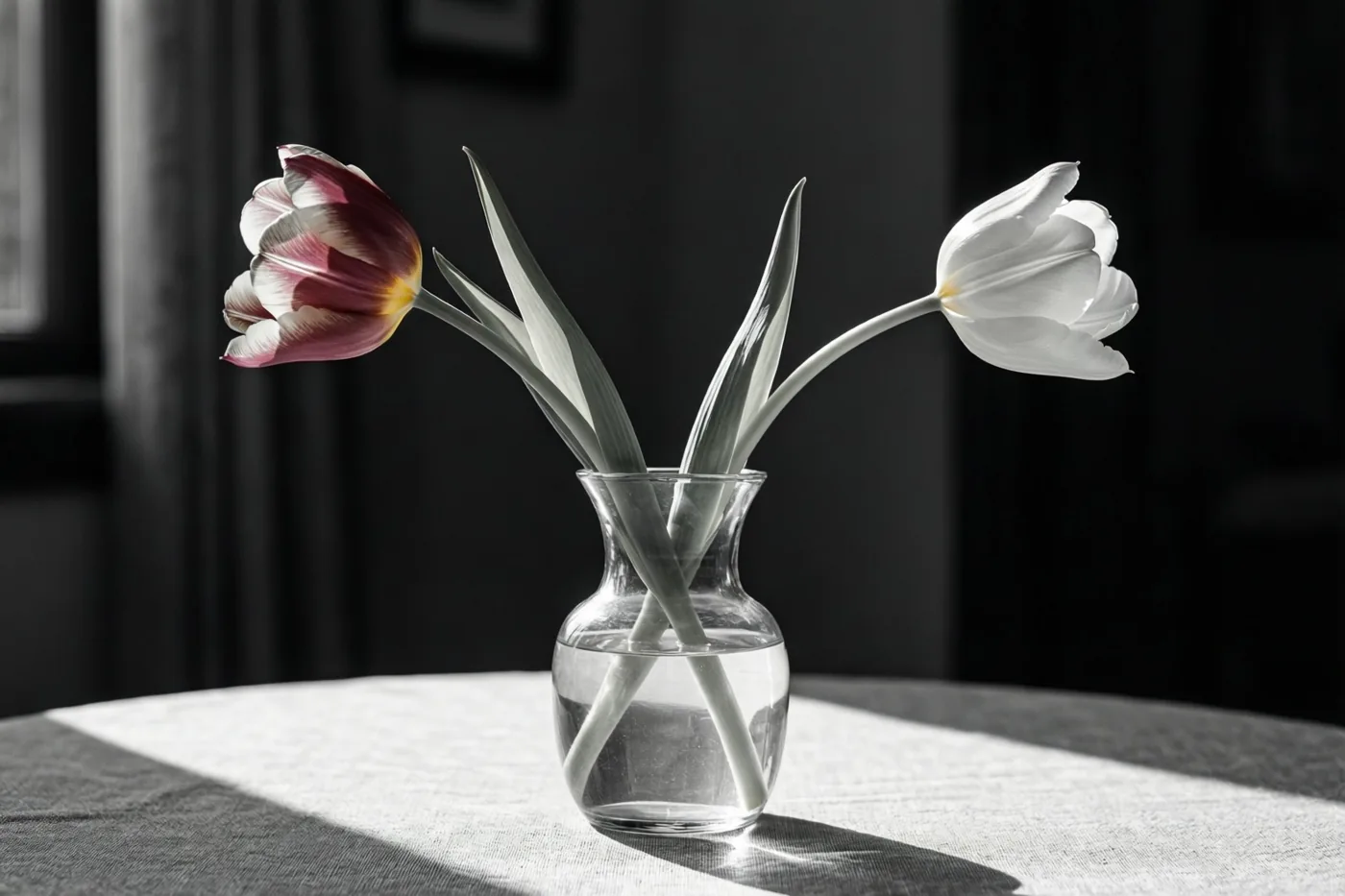 Een roze-witte en een witte tulp staan in een doorzichtige glazen vaas op een tafel, met zonlicht en schaduwen tegen een donkere achtergrond.