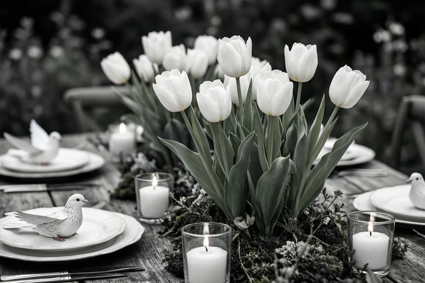 Een gedekte tuintafel met witte tulpen, brandende kaarsen in glazen houders en papieren duiven op de borden is weergegeven in zwart-wit met kleuraccenten.