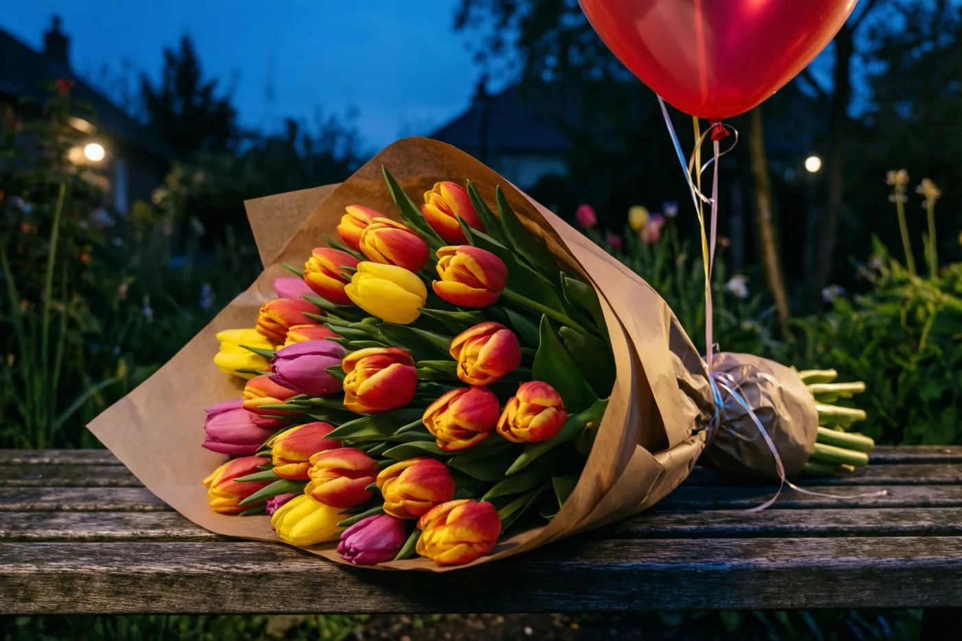 Een boeket veelkleurige tulpen in bruin papier ligt op een houten tuinbank in de schemering, met een rode ballon aan de stelen en onscherp groen op de achtergrond.