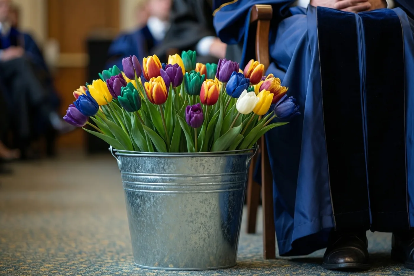 Een zinken emmer met kleurrijke tulpen staat op een vloer met tapijt naast een stoel waarover een blauwe afstudeertoga hangt.
