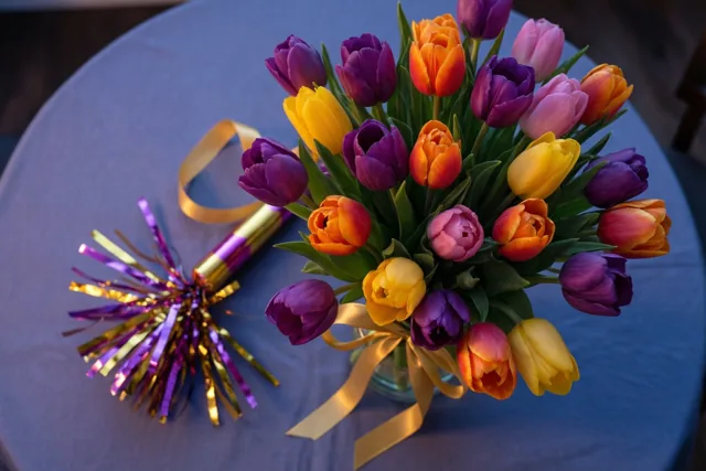 Kleurrijke tulpen zeggen proficiat