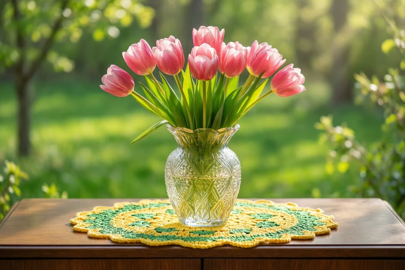 Een heldere persglazen vaas met roze tulpen staat op een geel en groen gehaakt kleedje op een houten dressoir, in fel lentezonlicht met een onscherpe groene tuin op de achtergrond.