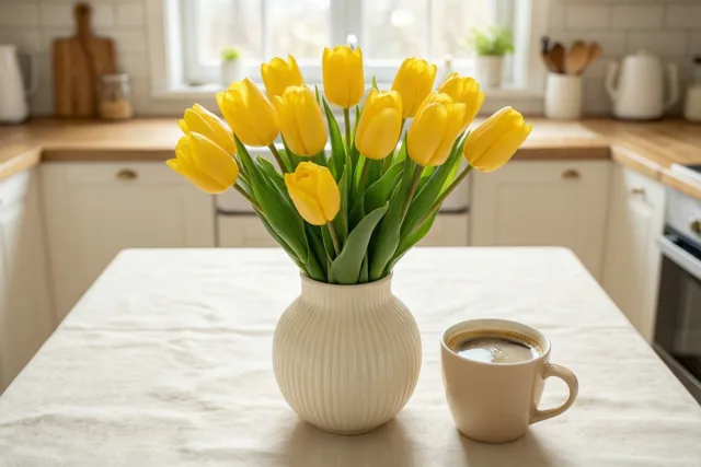 Een vaas felgele tulpen en een kop koffie staan op een wit tafelkleed in een zonnige keuken met een raam op de achtergrond.