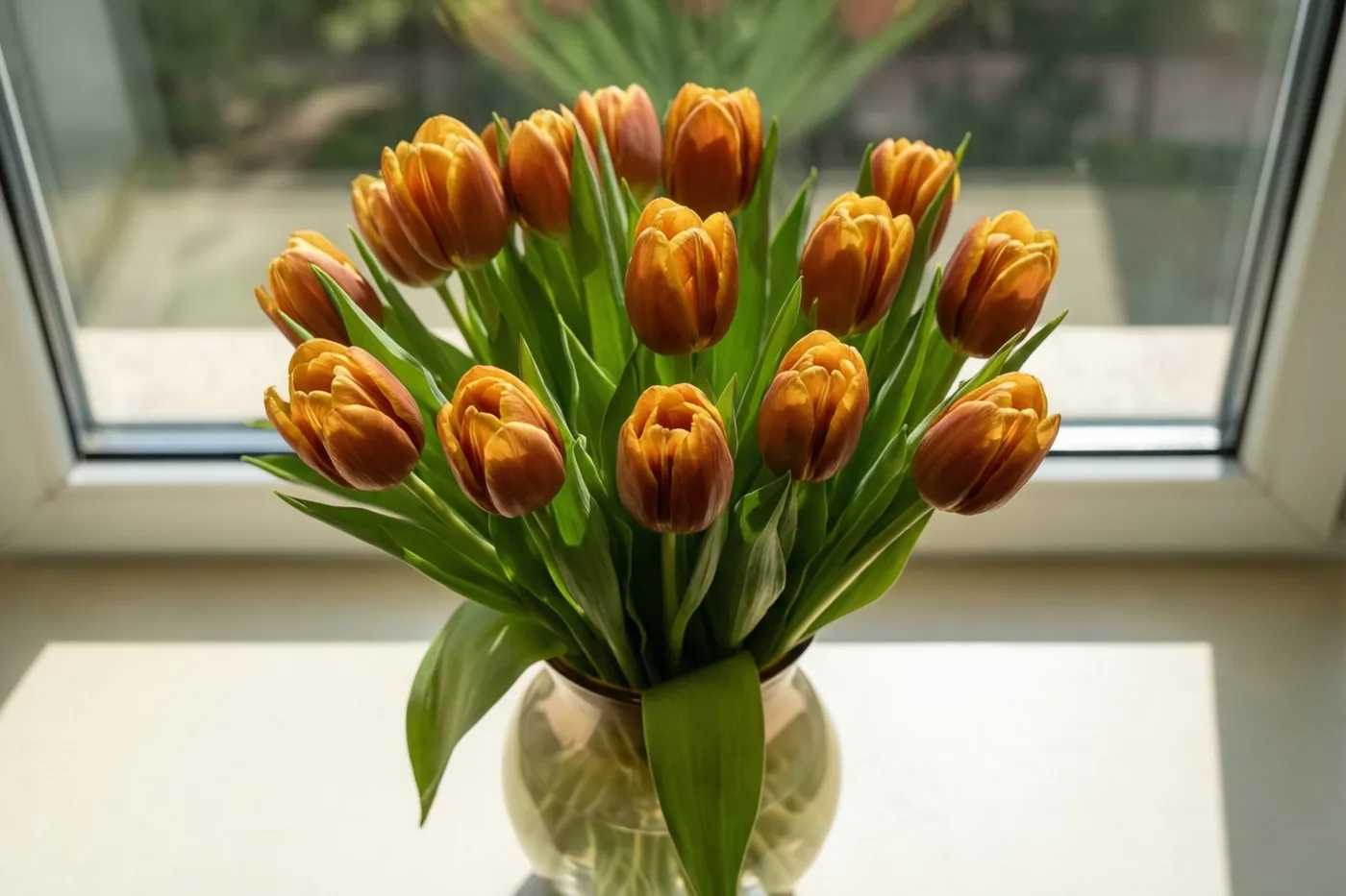 Een boeket oranje en gele tulpen staat in een doorzichtige glazen vaas op een zonnige vensterbank, met een onscherp buitenzicht.