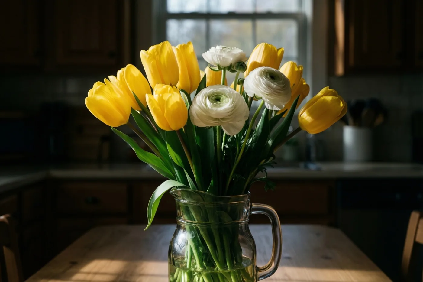 Gele tulpen en witte ranonkels staan in een doorzichtige glazen kan op een houten keukentafel, met zacht ochtendlicht van een raam op de achtergrond.