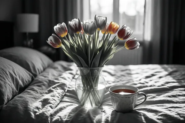 Een vaas tulpen en een mok thee staan op een gekreukt bed in zonlicht, in een grotendeels zwart-witbeeld waarin de tulpen en thee gekleurd zijn.