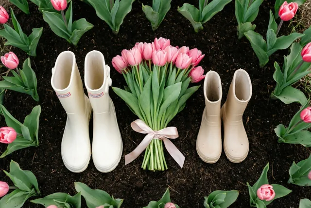 Van bovenaf zijn grote witte en kleine beige rubberlaarzen op donkere aarde te zien, met ertussen een boeket roze tulpen met een lichtroze lint en rondom tulpen in de tuin.