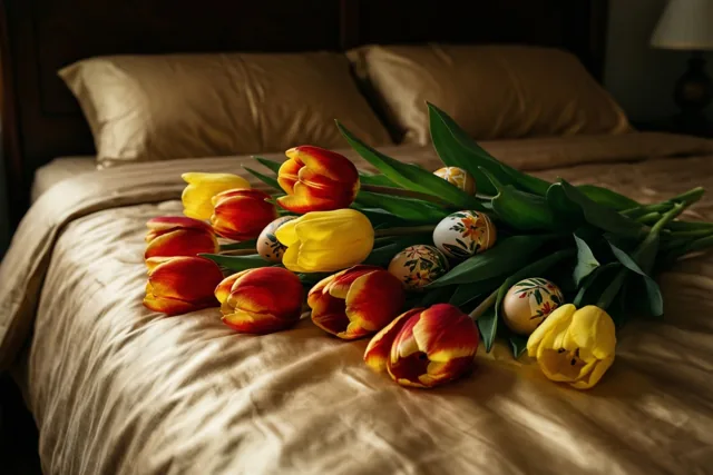 Een bed is bedekt met rode en gele tulpen en beschilderde paaseieren tussen de groene stelen, in warm licht.