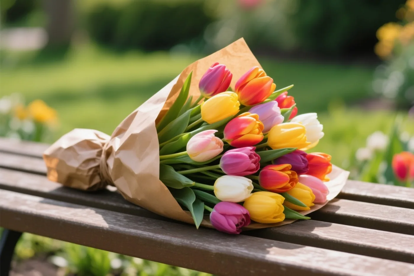 Een veelkleurig tulpenboeket in bruin papier ligt op een houten tuinbank in een zonnige tuin met een onscherpe groene achtergrond.