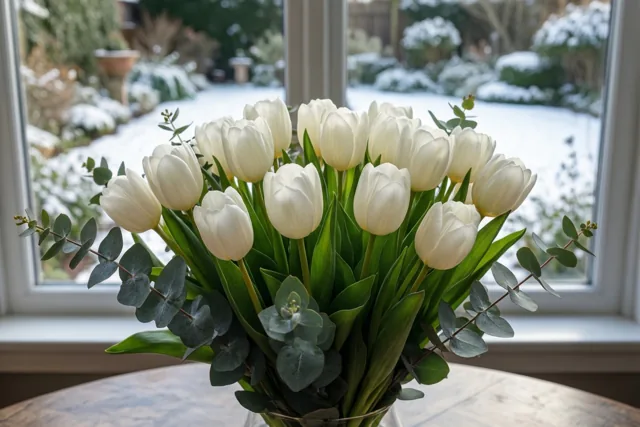 Een boeket witte tulpen en eucalyptus staat op een houten tafel bij een raam met uitzicht op een besneeuwde tuin met struiken en een pad.