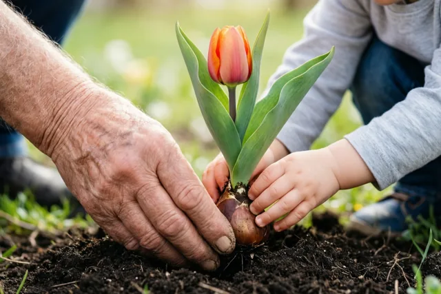 Een verweerde volwassen hand en een peuterhand planten samen een tulpenbol in donkere tuinaarde, met groen gras op de achtergrond en bruin, oranjerood en groen als hoofdkleuren.