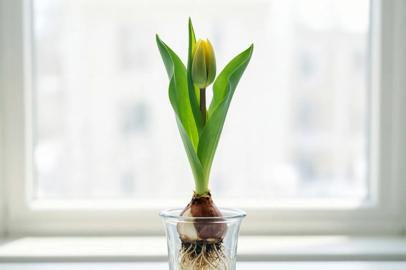 Een gele tulpenbol met groene bladeren en zichtbare wortels groeit in een heldere glazen vaas op een vensterbank voor een licht, onscherp raam.