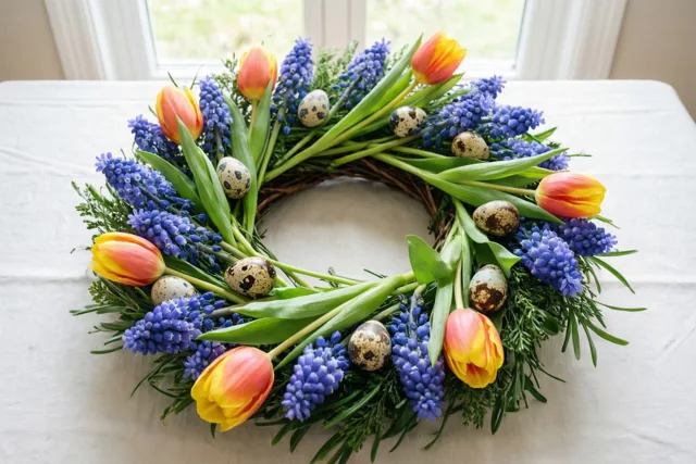 Paaswensen in een bloemenkrans