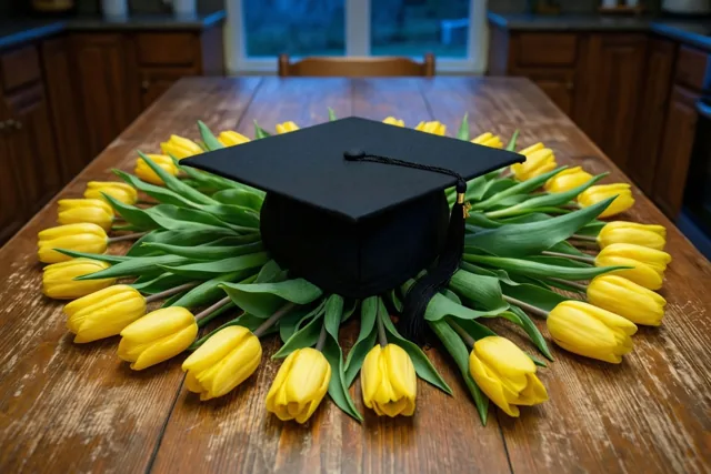 Een zwarte afstudeerhoed ligt in een kring van felgele tulpen op een houten keukentafel, met houten kasten en een raam op de achtergrond.