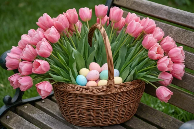 Een rieten mand met roze tulpen en paaseieren in pastelkleuren staat op een houten tuinbank, met groen gras op de achtergrond.