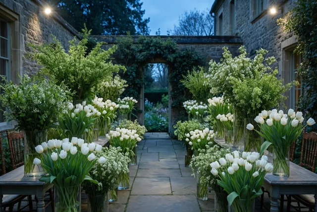 In een stenen binnenplaats bij een elegante tuinkamer staan lange tafels met hoge glazen vazen vol witte tulpen en groen blad, verlicht door warme lampen in de schemering.