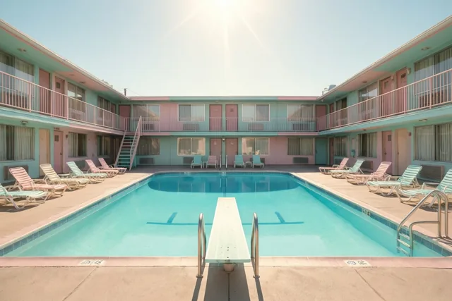 Een motelzwembad in retrostijl met turkoois water en een witte springplank wordt omringd door pastelgekleurde gebouwen en ligstoelen met roze en mintgroene accenten in fel zonlicht.