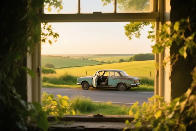 Door een raamkozijn met gedeeltelijk overhangend groen is een verweerde turquoise auto met open deuren te zien op een landweg tussen glooiende groene velden in goudkleurig licht.