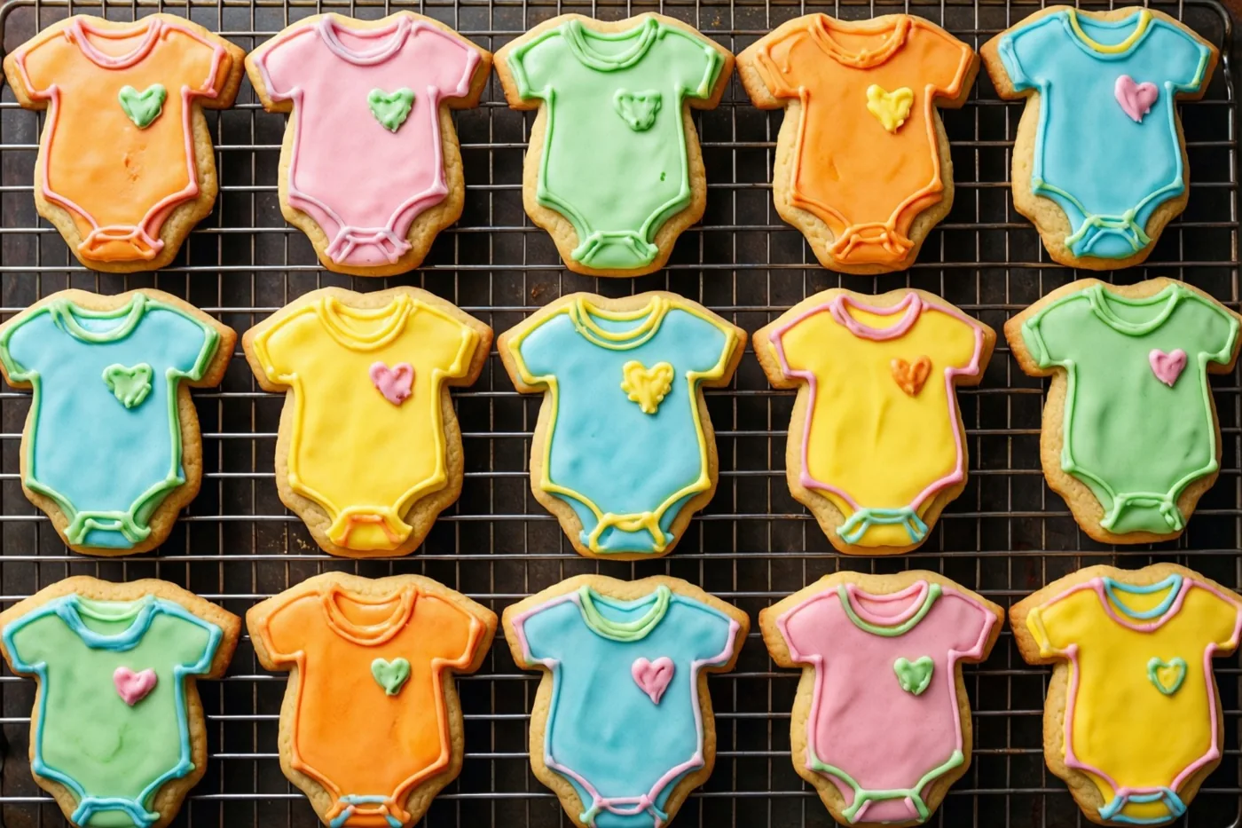Twaalf koekjes in de vorm van babybody's met roze, blauw, groen, geel en oranje pastelglazuur liggen in drie rijen op een metalen afkoelrooster.