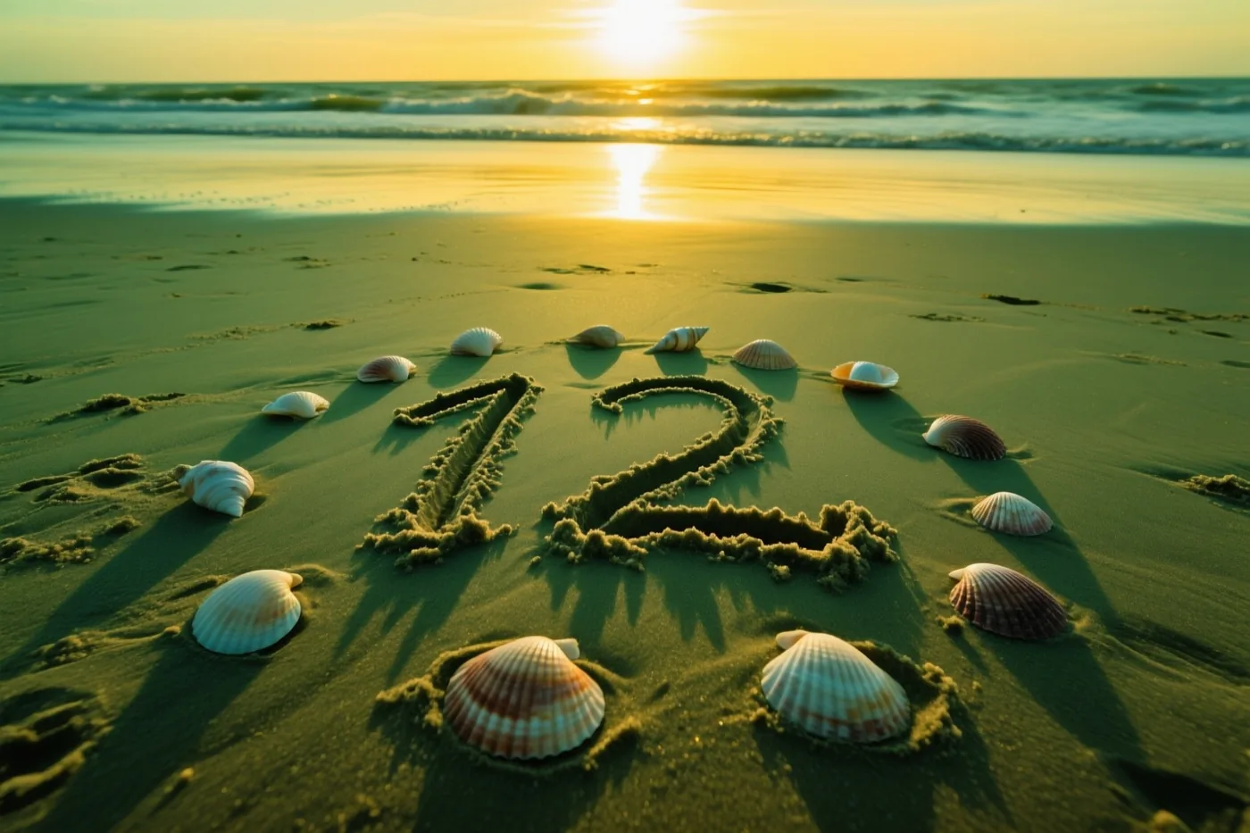 Het getal 12 staat in het strandzand tussen schelpen, met de zee op de achtergrond in het gouden licht van de ondergaande zon.