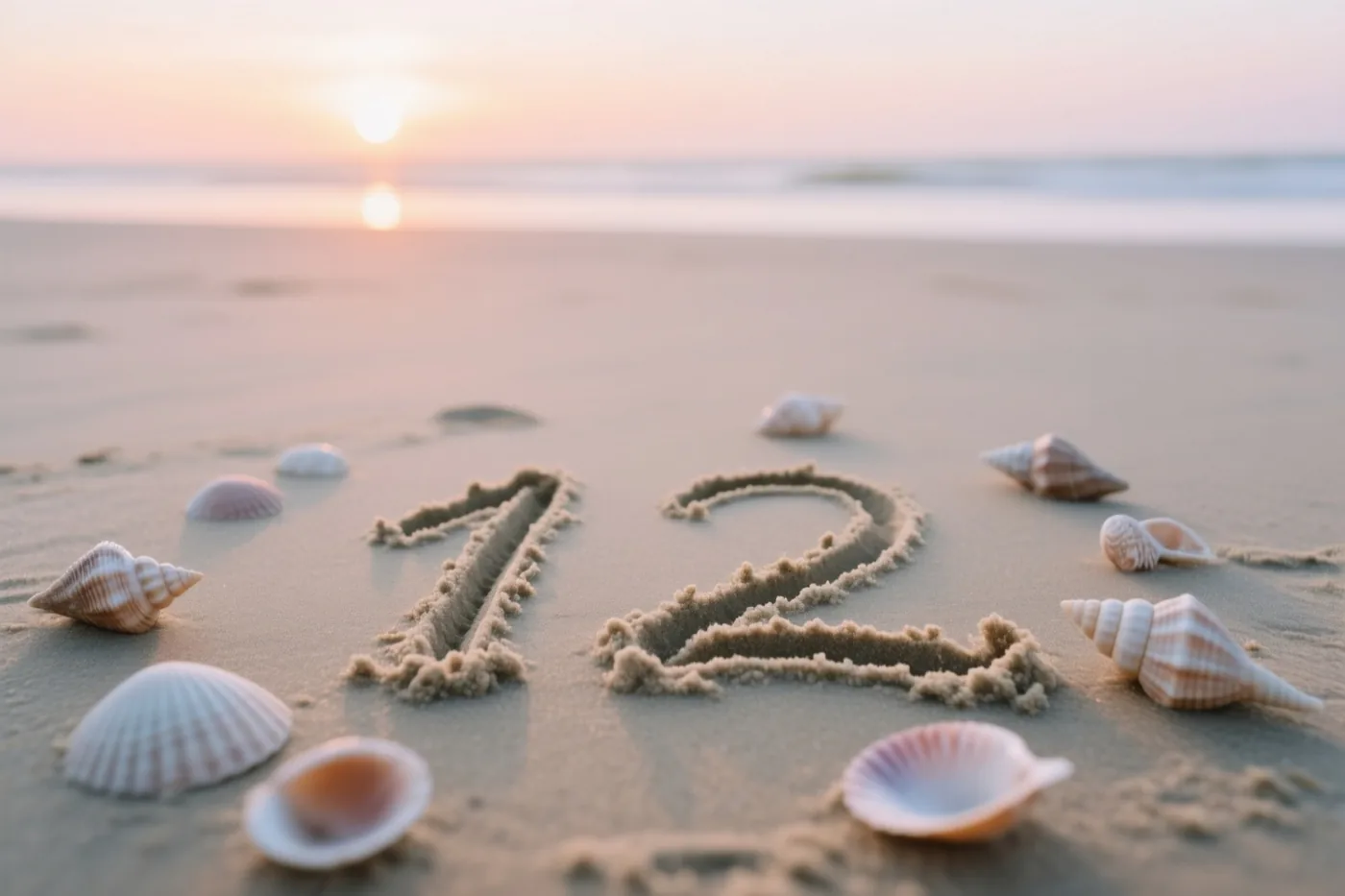 Het getal 12 is in het strandzand getekend tussen schelpen, met de zee en een pastelkleurige hemel op de achtergrond bij zonsondergang.