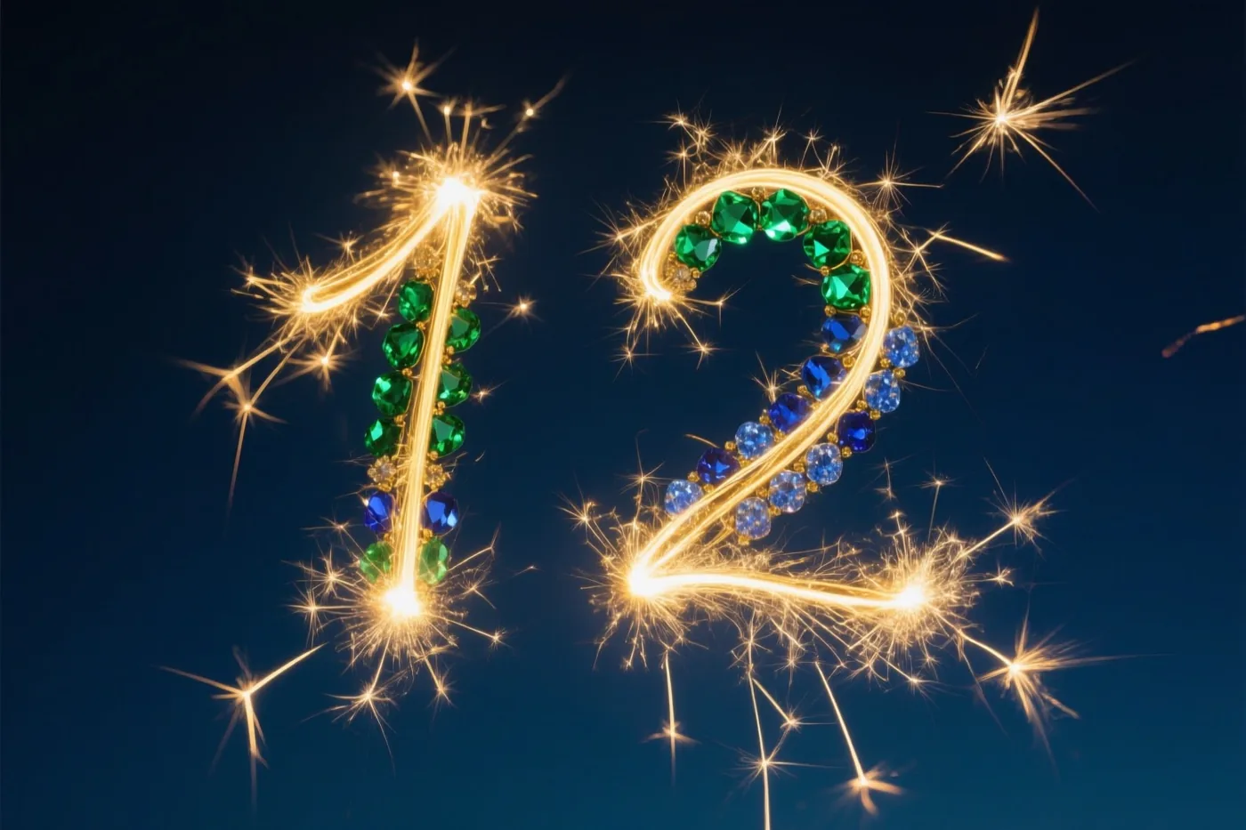 Gouden lichtsporen van sterretjes vormen het getal 12 tegen een donkere nachthemel, versierd met groene en blauwe edelstenen.