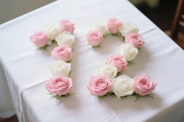 Van bovenaf zijn roze en witte rozen te zien die het getal 12 vormen op een wit tafelkleed.
